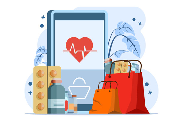 网上药店网站设计理念。网上购买药品。电子商务网站设计。平面矢量插图的网站设计，横幅，登陆页。图片下载