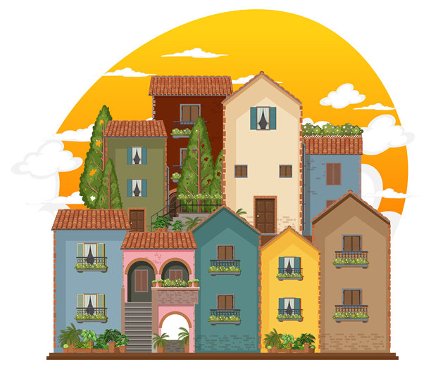 五颜六色的房子，有植物和日落的背景图片下载