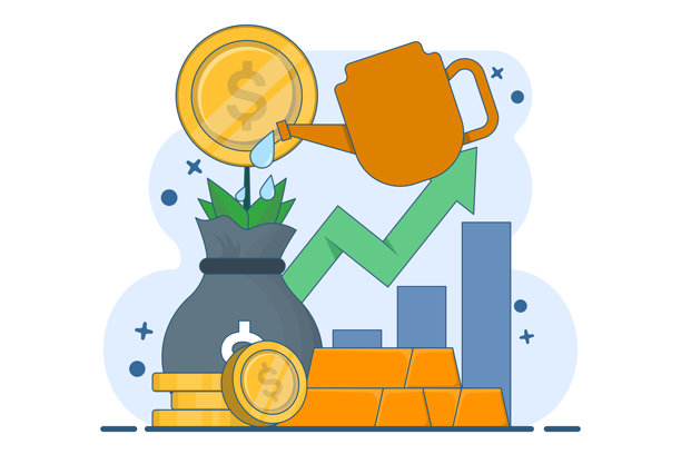 金条市场分析概念，金条以种植植物为孤立背景，投资增加收益或利润。数字营销图解图片下载