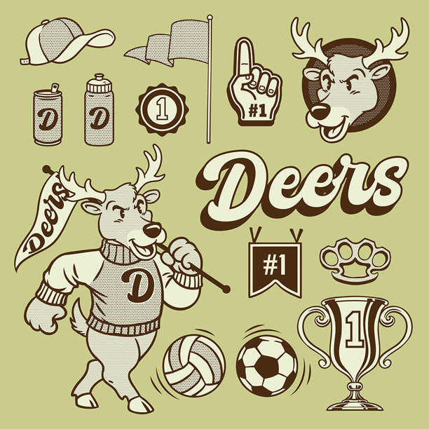 鹿吉祥物复古手绘对象集图片下载