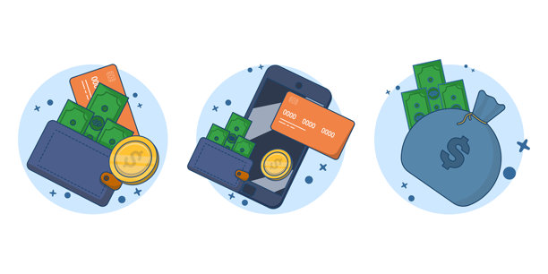 金融的概念。存现金、借记卡或银行存款。支付交易、转账、电子钱包、理财及储蓄理念。平面矢量插图。图片下载