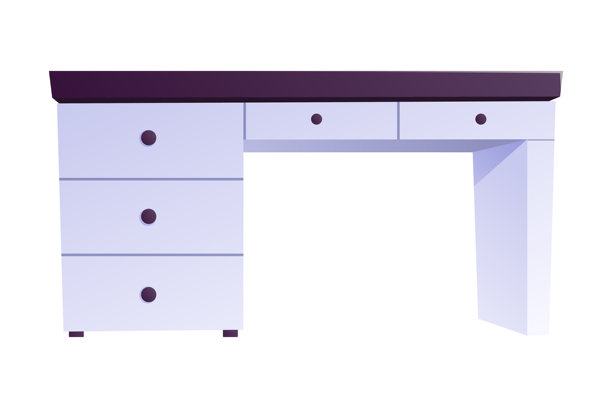 带抽屉的白色现代办公桌。回家工作。矢量隔离卡通家具插图，室内设计。图片下载