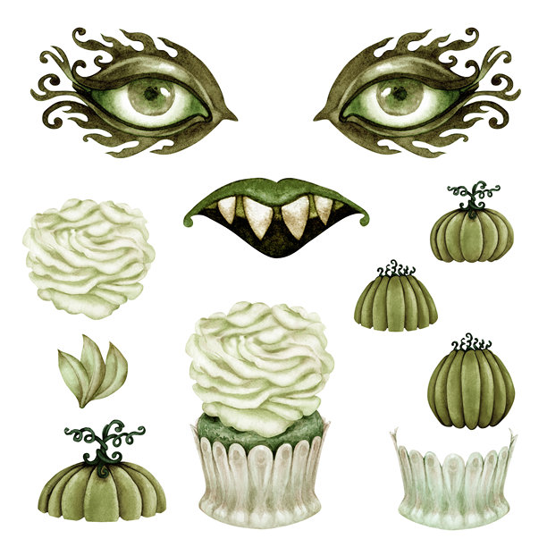一套幻想的元素疯狂的绿色万圣节纸杯蛋糕与人类的眼睛和嘴唇，南瓜帽。单色水彩模板的邀请，菜单，海报，卡片，卡片，贴纸图片下载