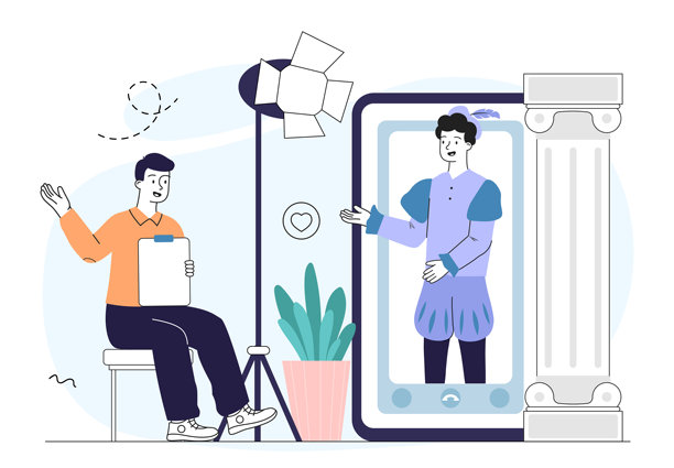 网上选角的男人。导演在智能手机屏幕上看着演员。戏剧表演。艺术家在舞台上。创造力和艺术。线性向量图解图片下载