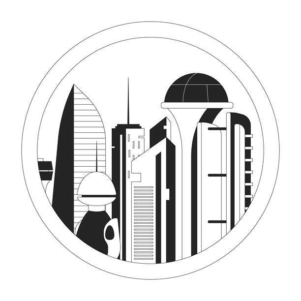 未来城市圆窗黑白线插画图片下载