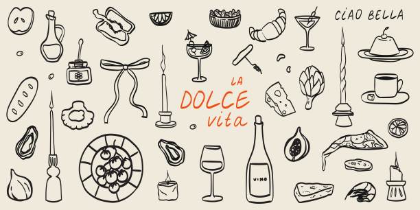 手绘粉笔食物插图。早餐，午餐图标。酒杯，咖啡，羊角面包，奶酪，面包图纸婚礼请柬，咖啡馆菜单和派对。甜蜜的生活意大利素描风格。图片下载