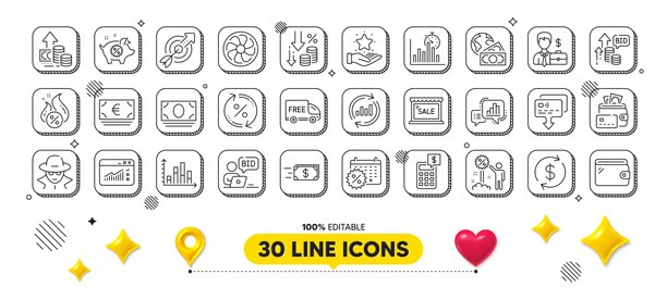 销售，全球业务和资金线图标包。用于网页应用。3d设计元素。向量图片下载