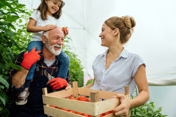 快乐的老人与家人一起在温室事业工作。人们对有机食品的概念。图片下载