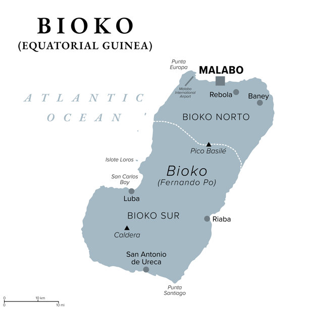 比奥科，岛屿和赤道几内亚的一部分，灰色政治地图图片下载