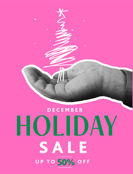 拼贴风格的节日销售广告传单设计模板与手互动的节日圣诞树上充满活力的色彩图片下载