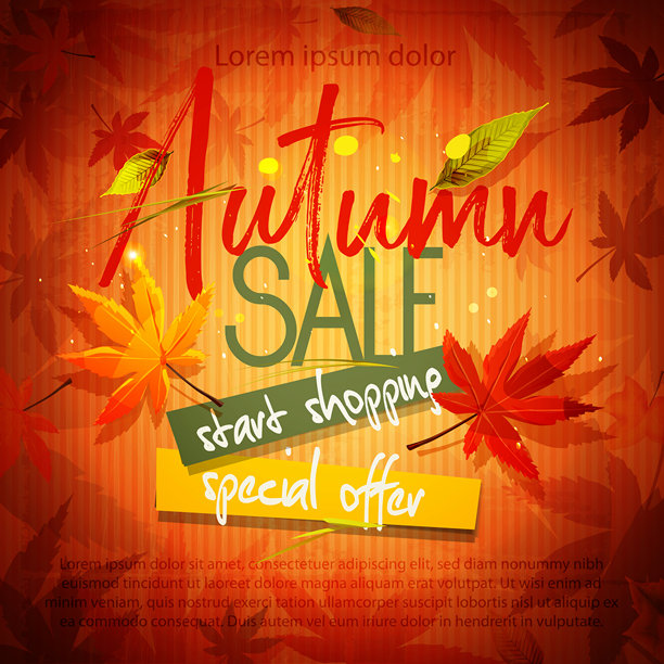 卡通风格的秋季折扣。文字与季节性折扣的纸板背景与秋叶。时尚的秋季模板季节性销售与文字空间。图片下载