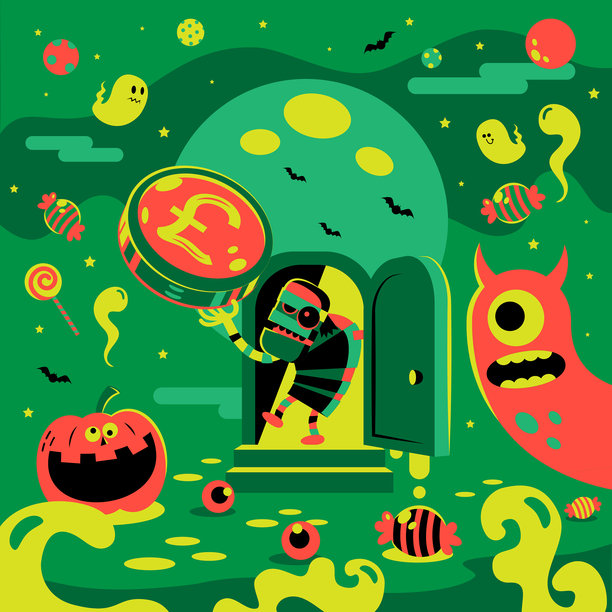 僵尸木乃伊打开门展示钱，异想天开的万圣节，满月、蝙蝠、鬼魂、怪物和南瓜灯笼背景图片下载