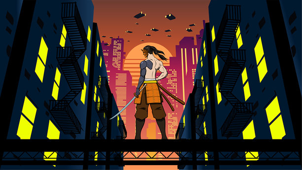 矢量赛博朋克武士在一个未来的城市设置肖像股票插图后视图图片下载