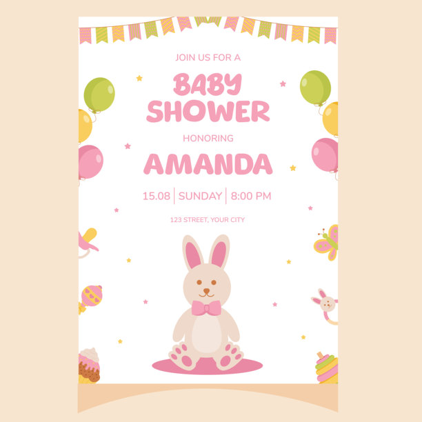 婴儿派对请柬。是个女孩。带着小兔子的请柬。模板聚会邀请，海报，贺卡。图片下载