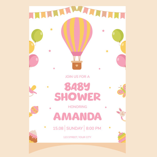 婴儿派对请柬。是个女孩。带气球的邀请函。模板聚会邀请，海报，贺卡。图片下载