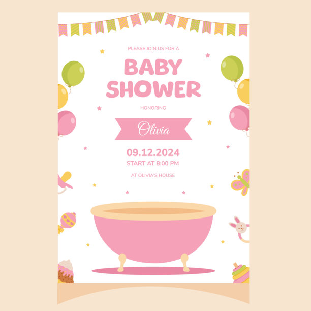 婴儿派对请柬。是个女孩。带婴儿浴的请柬。模板聚会邀请，海报，贺卡。图片下载