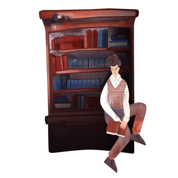 一个穿着复古针织背心和棕色灯芯绒裤子，一头深色卷发的年轻白人，站在图书馆或书店的书架旁读书。1960年代的风格。拿着书的大学生。冷静和专注。的性格。孤立的水彩插图。图片下载