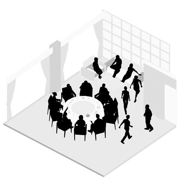 人们坐在餐厅的椅子和沙发上的剪影被隔离在白色的背景上。餐厅内部。等距视图。矢量插图。图片下载