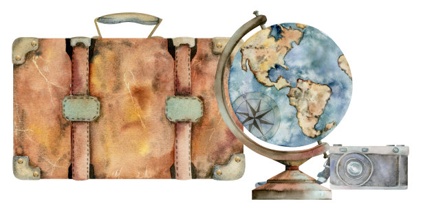 水彩手绘艺术。插图复古复古的旧行李箱与贴纸的行李行李，照片相机地球仪。设计旅游、旅游、宣传册、婚庆、导游、印刷品、名片纹身。图片下载