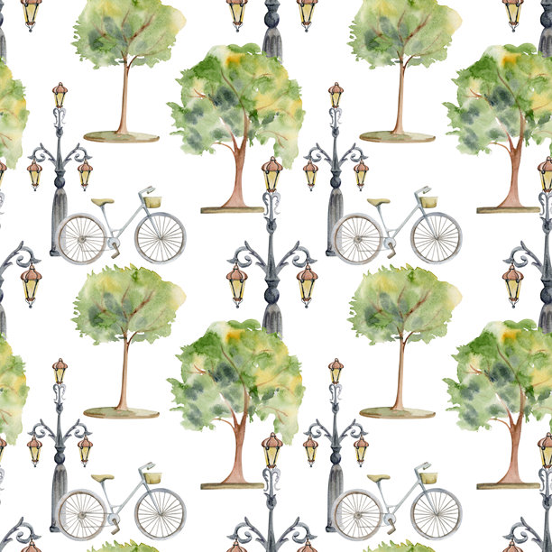 古老的欧洲城镇街道上有灯柱、花灯、绿树成荫的树篱。水彩手绘无缝图案。旅游商店，纪念品，旅游宣传册，建筑局图片下载