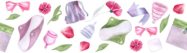 一个月经杯，一个月经垫，一个布袋丝带花瓣水彩无缝边界隔离在白色。图片下载