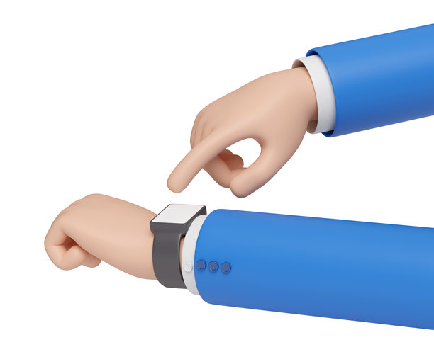 卡通手指向手表孤立在白色背景。3 d演示。图片下载