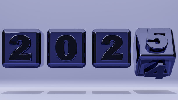 2025年新年快乐，潮流色彩展示了活力，从2024年过渡到2025年，玻璃块象征着来年的目标业务。三维渲染图片下载