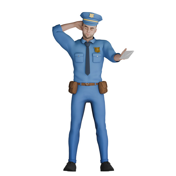 法律卡通插画。图为，一名男警察站着，右手托着后脑勺，右手向前伸出。3D男警察图片下载