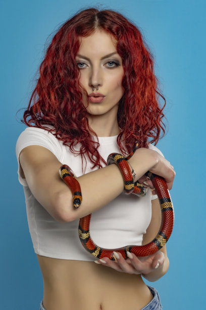 一个年轻女子的肖像，穿着白衬衫，一头长长的红色波浪头发，拿着一条蛇，背景是蓝色的工作室。图片下载