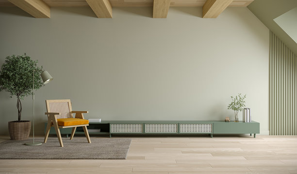 斯堪的纳维亚客厅室内风格，木质电视柜和绿色墙壁，客厅白色扶手椅。3d渲染图片下载