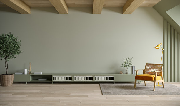 电视柜和壁挂式单元，斯堪的纳维亚客厅室内风格，木制电视柜和带木制躺椅的绿色墙壁。3d渲染图片下载