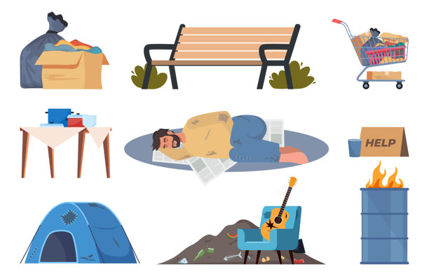 无家可归的人住在街上，集元素。乞丐角色需要帮助和工作，露宿街头，穿着破烂的衣服，捡垃圾。矢量插图。图片下载