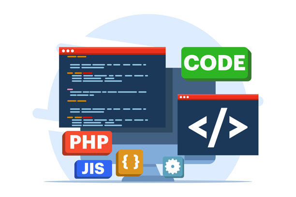 网页开发理念、网页设计、计算机编程、移动应用设计、编码、软件、编程语言、网站。背景上的平面矢量插图。图片下载