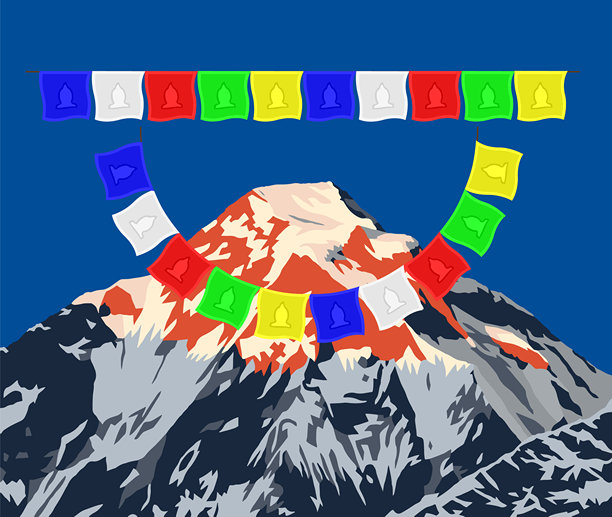 傍晚，道拉吉里山挂着佛教经幡图片下载