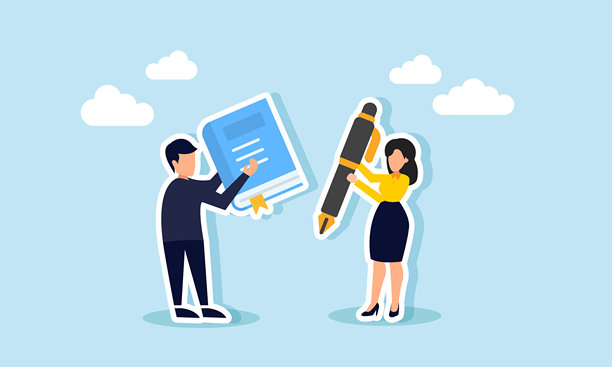 一名商人拿着报告，一名女商人拿着笔，说明签署或批准商业项目分析报告图片下载