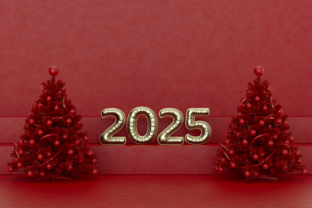 2025个新年气球，红色讲台上有圣诞树，圣诞背景。图片下载