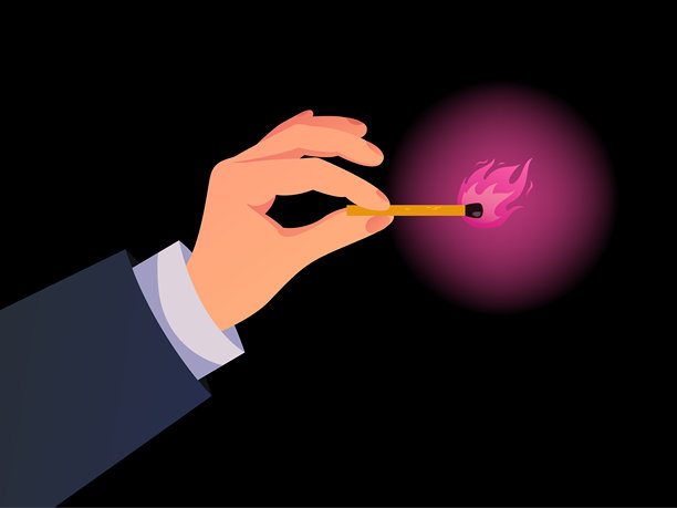 燃烧火柴与粉红色的火焰概念。矢量设计图形说明图片下载