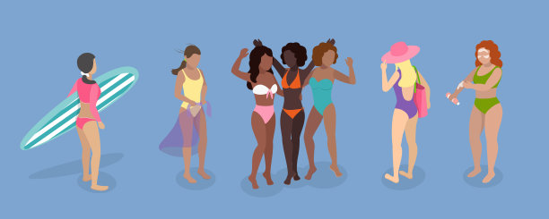 三维等距平面矢量集的妇女在泳衣图片下载