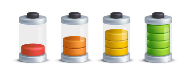 电池充电指示灯图标。一套橡皮泥风格的符号与放电和充满电的电池。动力和能量。现实的3D矢量插图集合图片下载