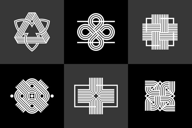 平面设计元素的标志创作，交织的线条复古风格的图标集合，抽象的几何线性符号向量集。图片下载