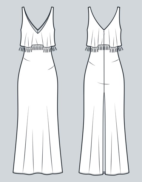 长偏见服装技术时尚插图。流苏饰连衣裙时尚平面技术图纸模板，褶边，后拉链，前后视图，白色，女装CAD模型。图片下载