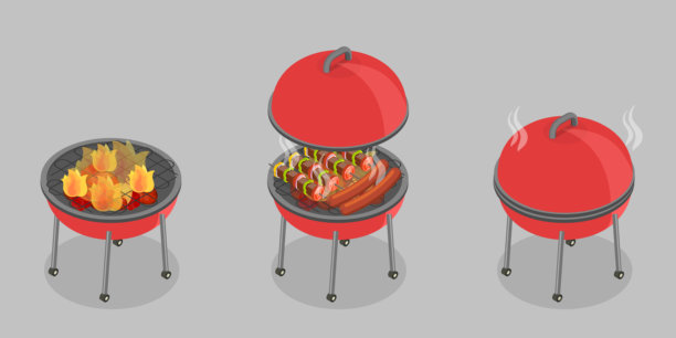 烧烤烹饪的三维等距平面矢量插图图片下载