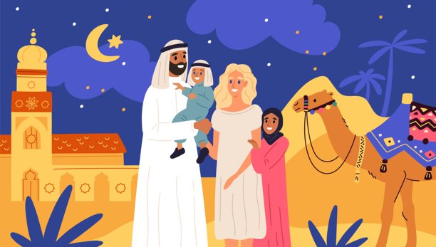 卡通快乐混合家庭。多种族的父母和孩子。多民族的夫妇。穆斯林国家。阿拉伯男人和带孩子的欧洲女人。国际关系。格里什矢量概念图片下载