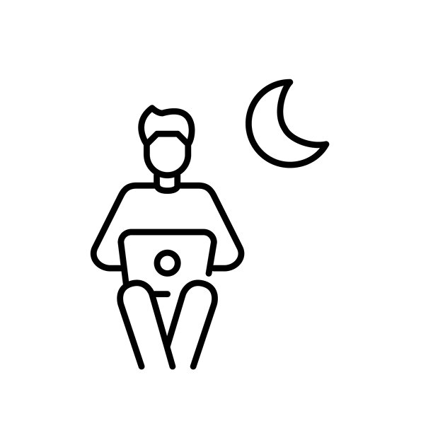 人们在笔记本电脑和月球上远程工作或学习。深夜工作效率。像素完美矢量图标图片下载