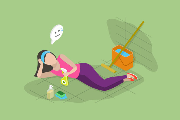 疲倦的家庭主妇的三维等距平面矢量插图图片下载