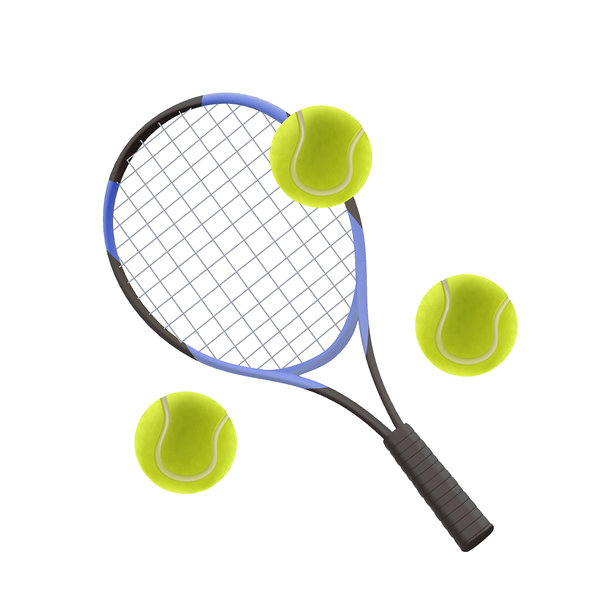 网球拍和网球3D插图在现实的卡通风格。网球拍与网球隔离在白色上图片下载