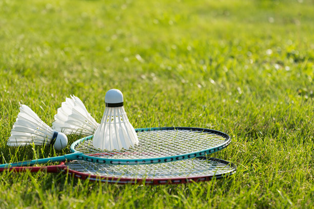 夏天绿草地上的白色羽毛球和羽毛球拍。休闲游戏。图片下载