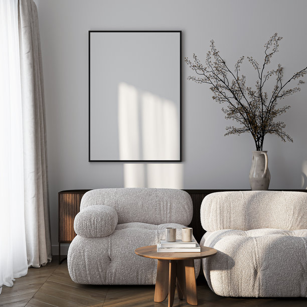 框架模型，ISO A纸张大小。客厅墙上的海报模型。室内模型与房子的背景。现代室内设计。三维渲染图片下载