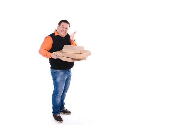 有趣的饥饿的胖男人正在节食，他对一小块披萨不满意。图片下载