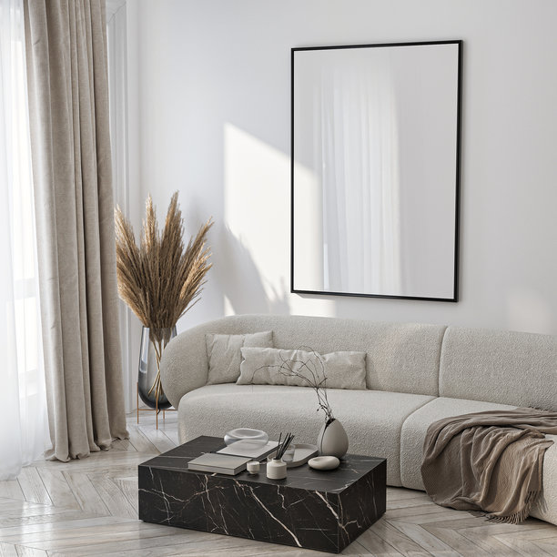 框架模型，ISO A纸张大小。客厅墙上的海报模型。室内模型与房子的背景。现代室内设计。三维渲染图片下载